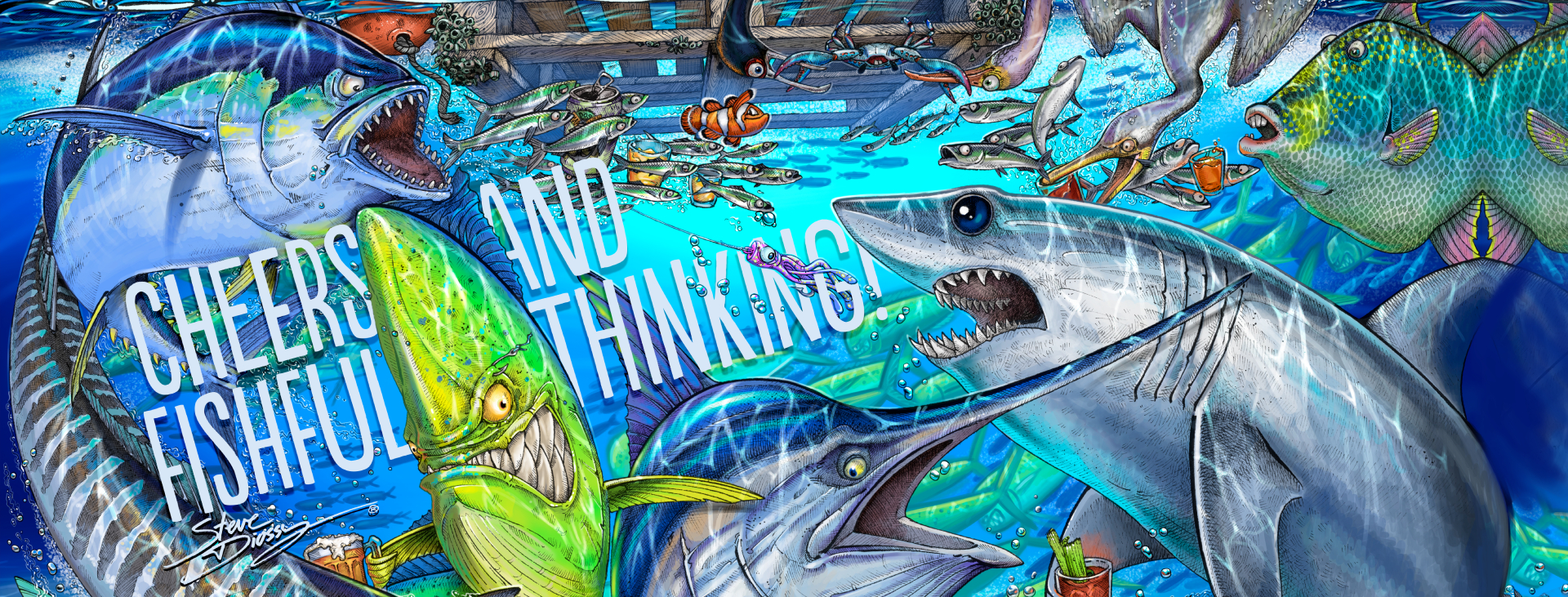 A painting depicting a shark near a boat with a fish, set against the backdrop of the Best Bay Palms Waterfront Resort.