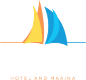 Logo of Bay Palms Waterfront Resort featuring a hotel and marina by the water, surrounded by palm trees.